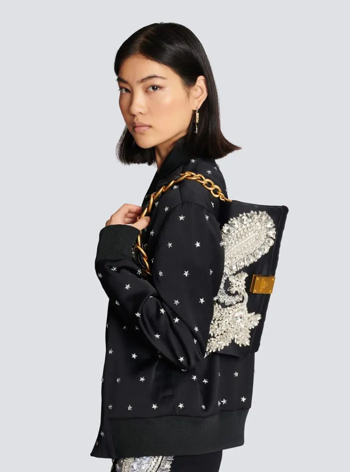 1945 Soft Embroidered Satin Clutch Black Women Balmain Clutches