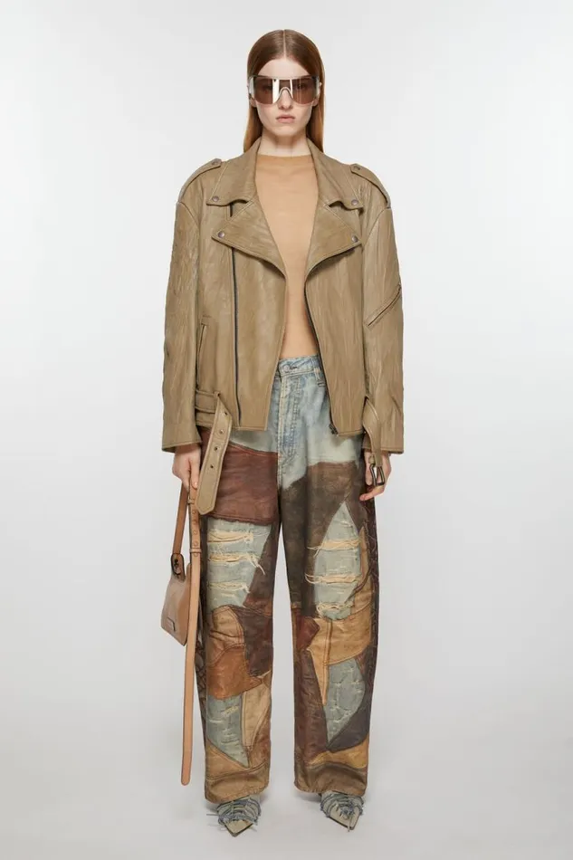 Acne Studios Crinkled Leather Biker Jacket Brown Women Outerwear
