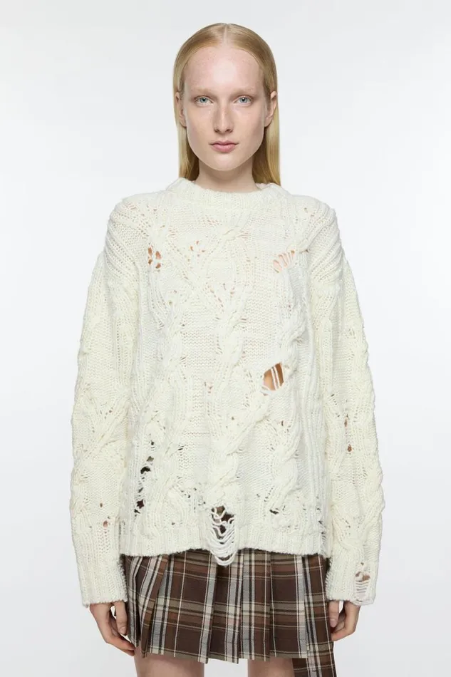 Acne Studios Distressed Cable Jumper Pale Beige Women Knitwear