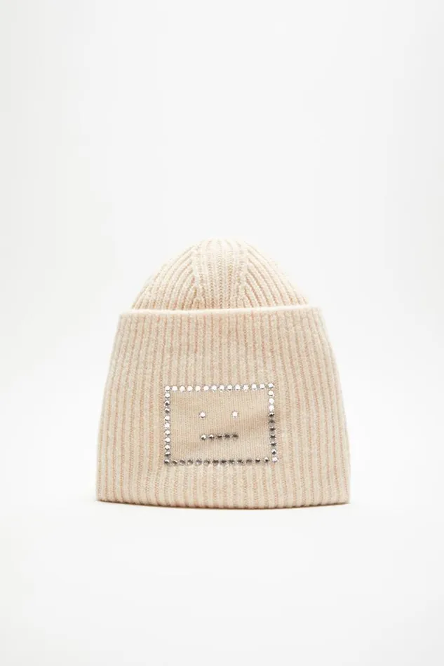 Acne Studios Embellished Face Square Beanie Oatmeal Melange Men Face Collection