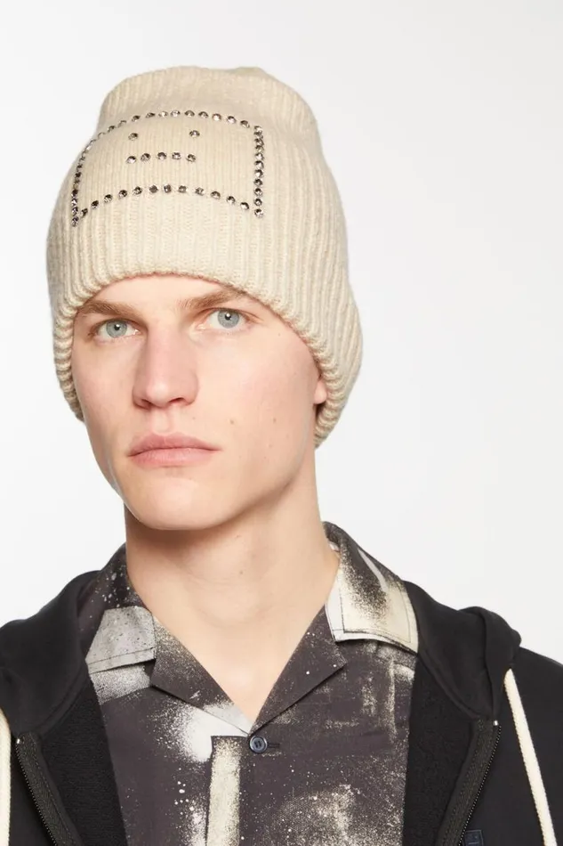 Acne Studios Embellished Face Square Beanie Oatmeal Melange Men Face Collection