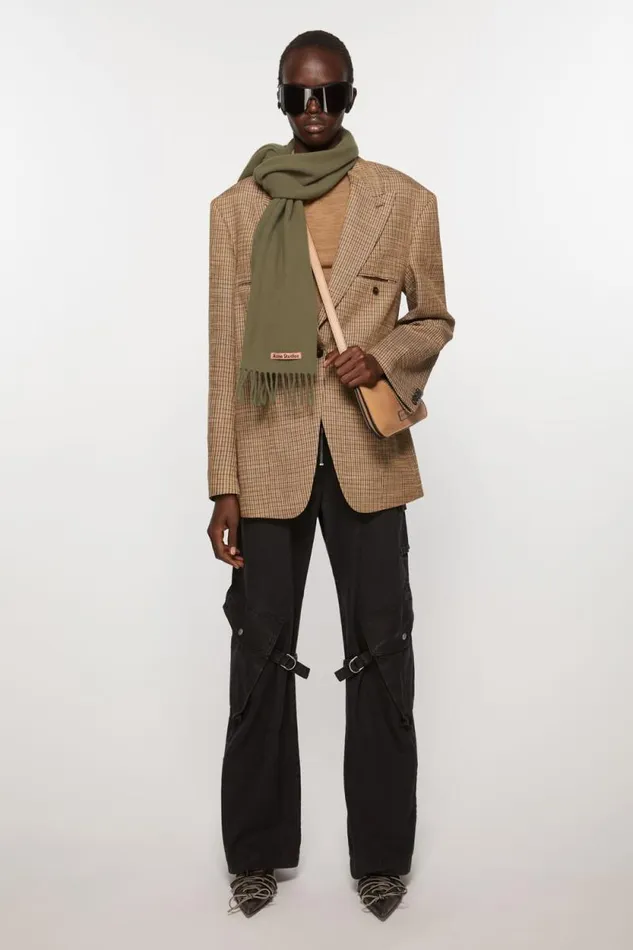 Acne Studios Fringe Wool Scarf 8211 Narrow Khaki Green Women Scarves