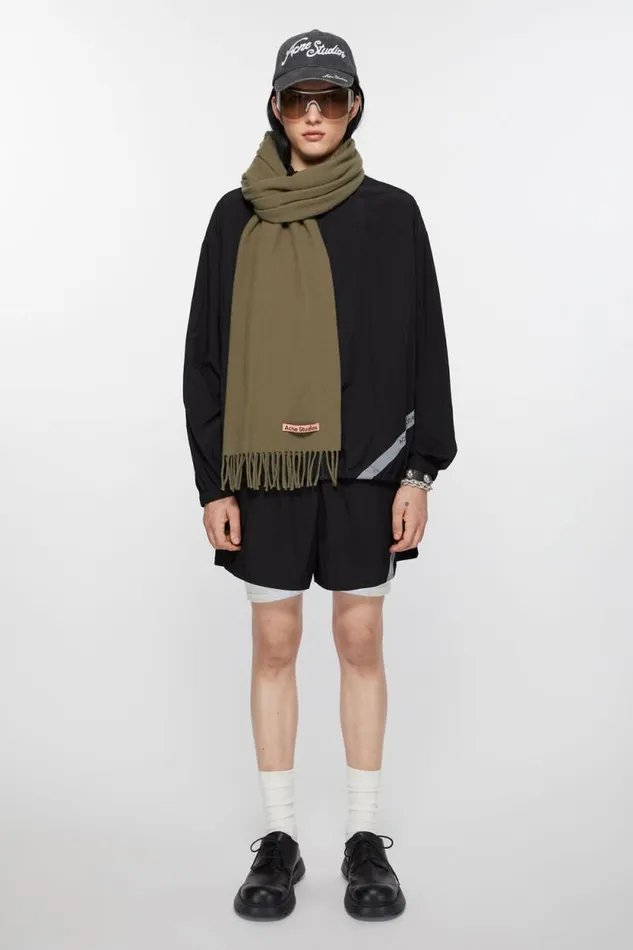 Acne Studios Fringe Wool Scarf 8211 Narrow Khaki Green Women Scarves