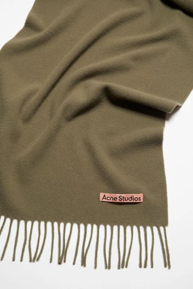 Acne Studios Fringe Wool Scarf 8211 Narrow Khaki Green Women Scarves