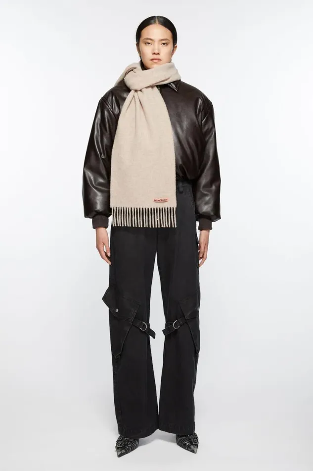 Acne Studios Fringe Wool Scarf 8211 Skinny Oatmeal Melange Men Scarves