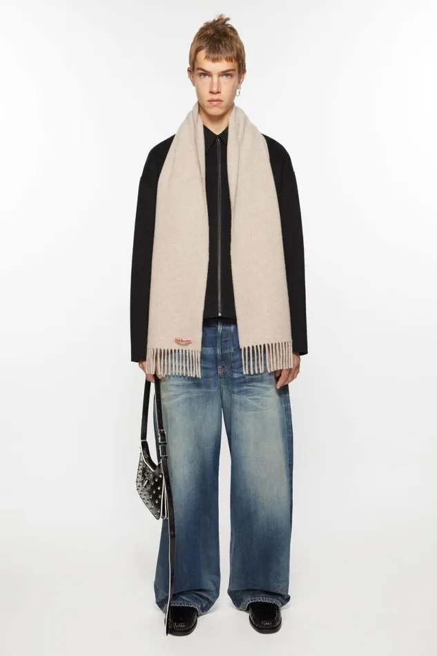 Acne Studios Fringe Wool Scarf 8211 Skinny Oatmeal Melange Men Scarves