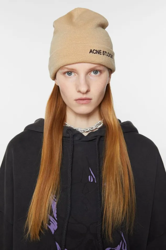 Acne Studios Logo Beanie Shell Beige Men Hats