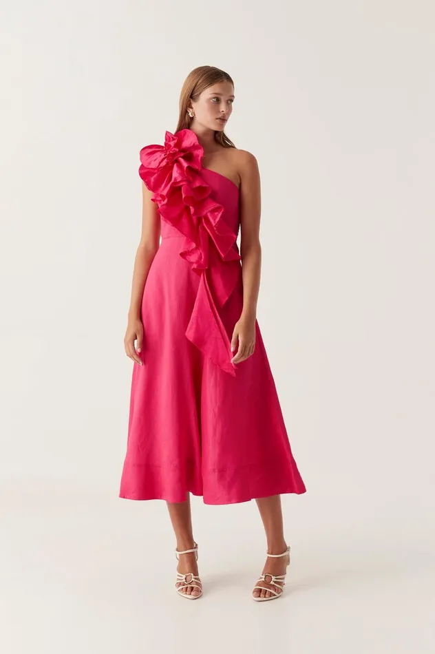 Adelia Ruffle Midi Dress Bougainvillea Red Women Aje Bridesmaid Dresses