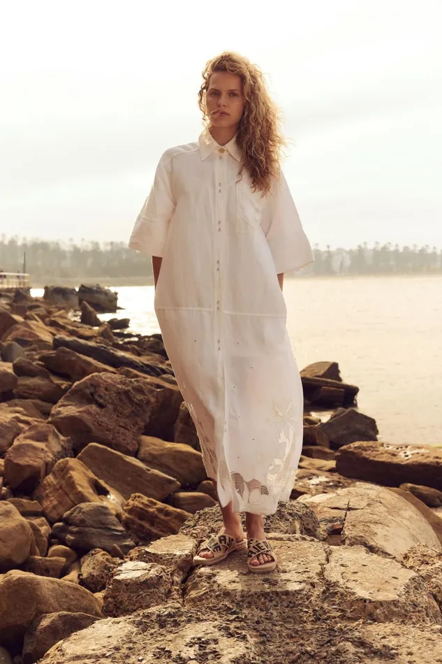 Agua Embroidered Shirt Dress Ivory Women Aje White Dresses