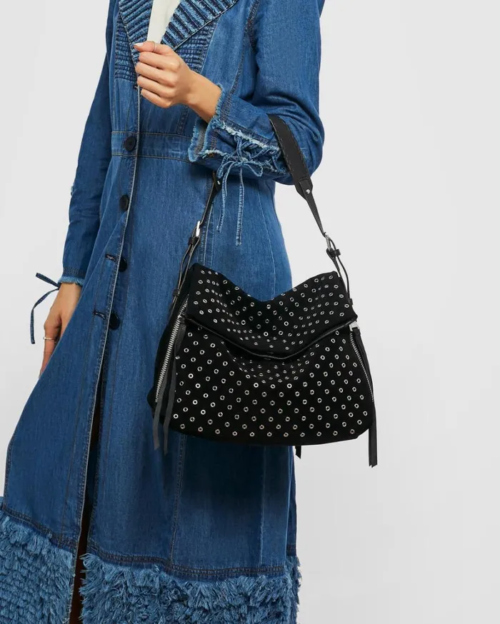 Aimee Kestenberg Shoulder Bags Women Bali Novelty Double Entry Hobo In Luxury Suede Black With Eyelets