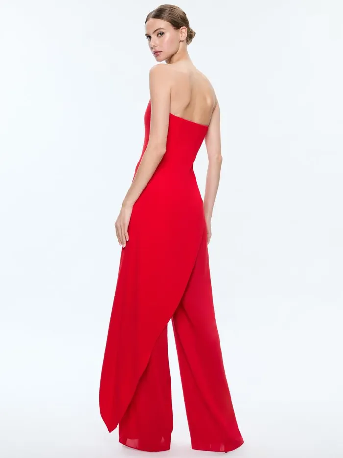 Alice Olivia ALONDRA STRAPLESS ASYMMYETRIC JUMPSUIT Bright Ruby Women Jumpsuits Rompers