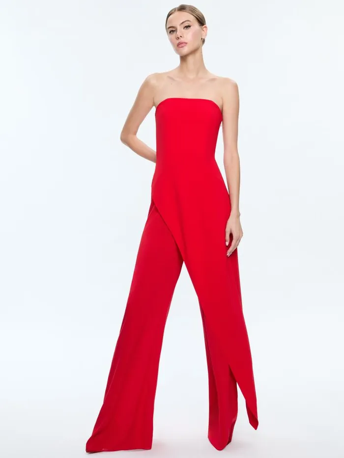Alice Olivia ALONDRA STRAPLESS ASYMMYETRIC JUMPSUIT Bright Ruby Women Jumpsuits Rompers