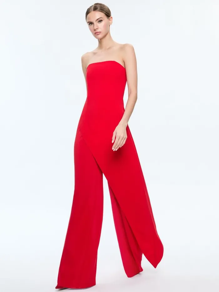 Alice Olivia ALONDRA STRAPLESS ASYMMYETRIC JUMPSUIT Bright Ruby Women Jumpsuits Rompers