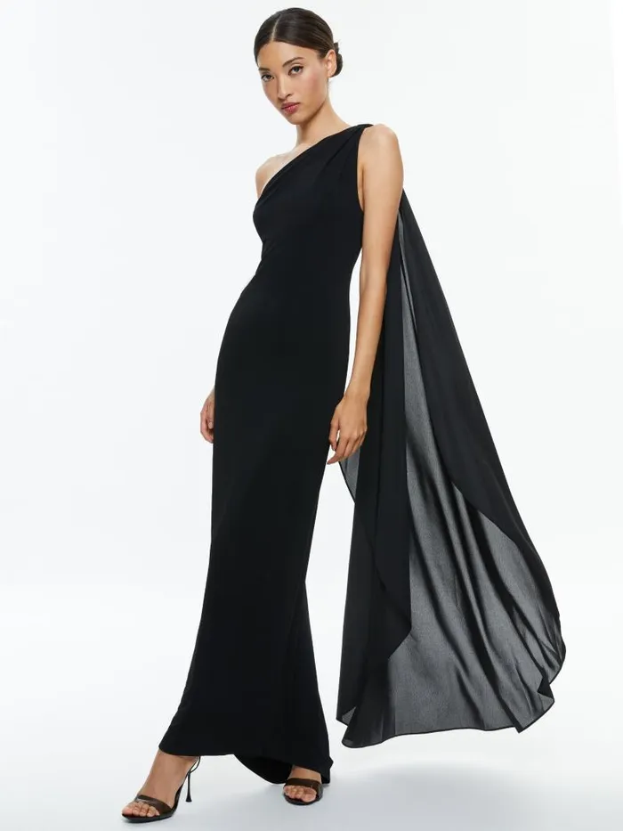 Alice Olivia ANJA ONE SHOULDER DRAPED MAXI DRESS Black Women Dresses