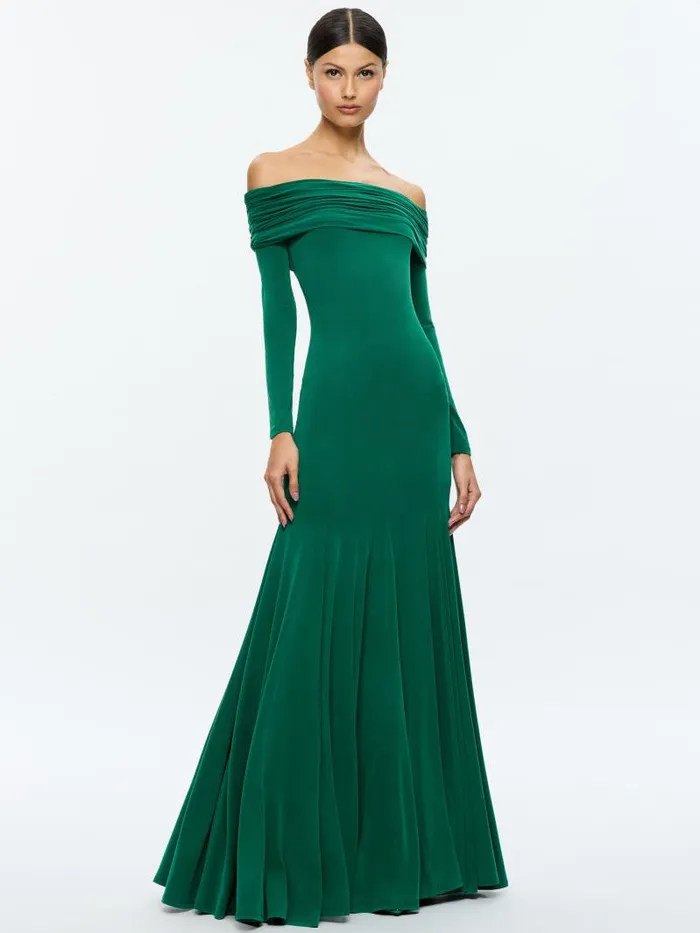 Alice Olivia AUGUSTA OFF THE SHOULDER RUCHED MAXI DRESS Forest Green Women Dresses