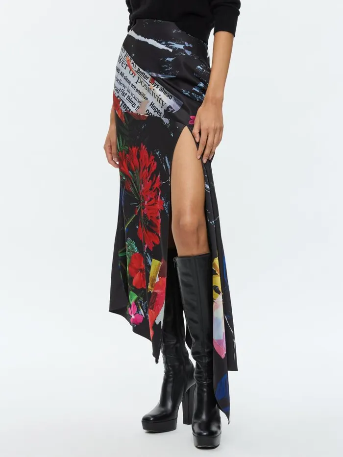 Alice Olivia AYLA ASYMMETRIC HIGH SLIT MIDI SKIRT Azalea Floral Women Skirts