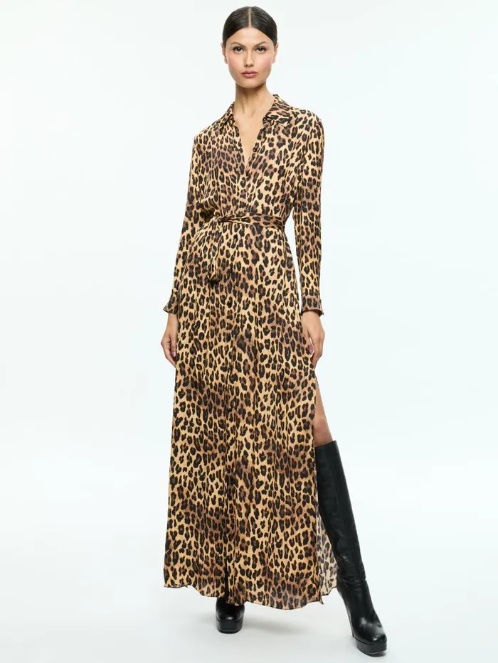 Alice Olivia CHASSIDY MAXI SHIRT DRESS Spotted Leopard Dark Tan Women Dresses