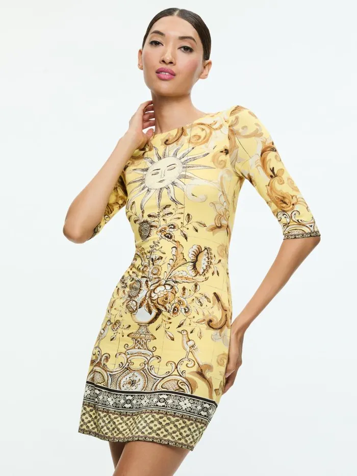 Alice Olivia DELORA CREW NECK FITTED MINI DRESS Lisboa Lemon Meringue Women Dresses