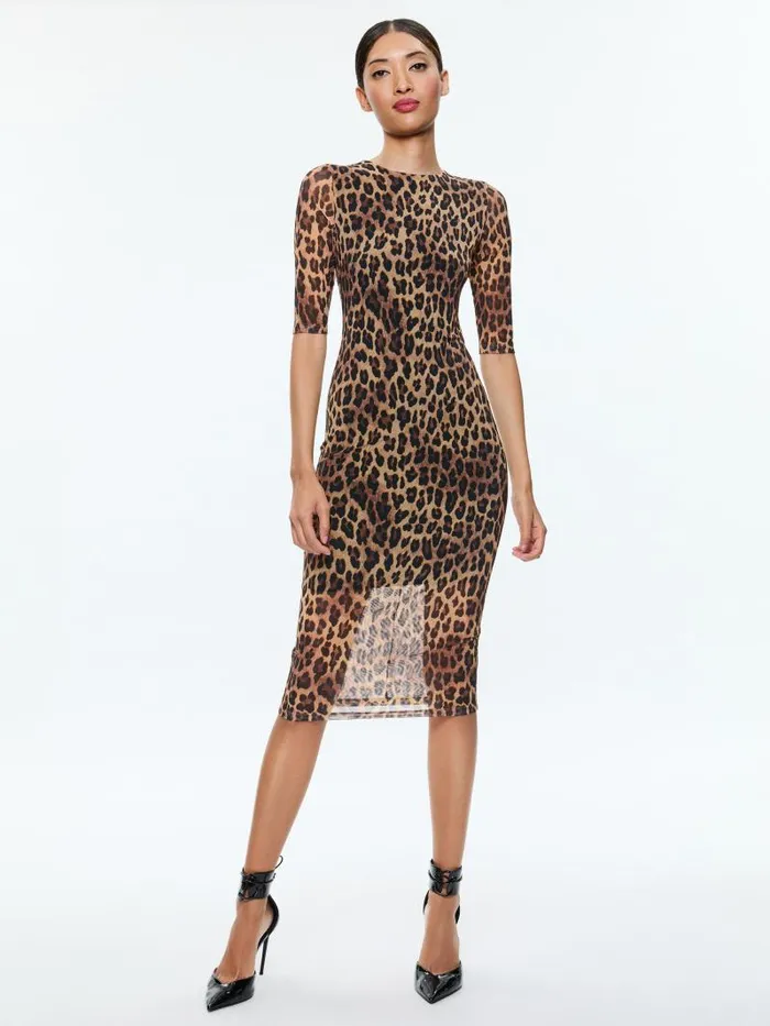 Alice Olivia DELORA CREW NECK MESH MIDI DRESS Spotted Leopard Dark Tan Women Dresses