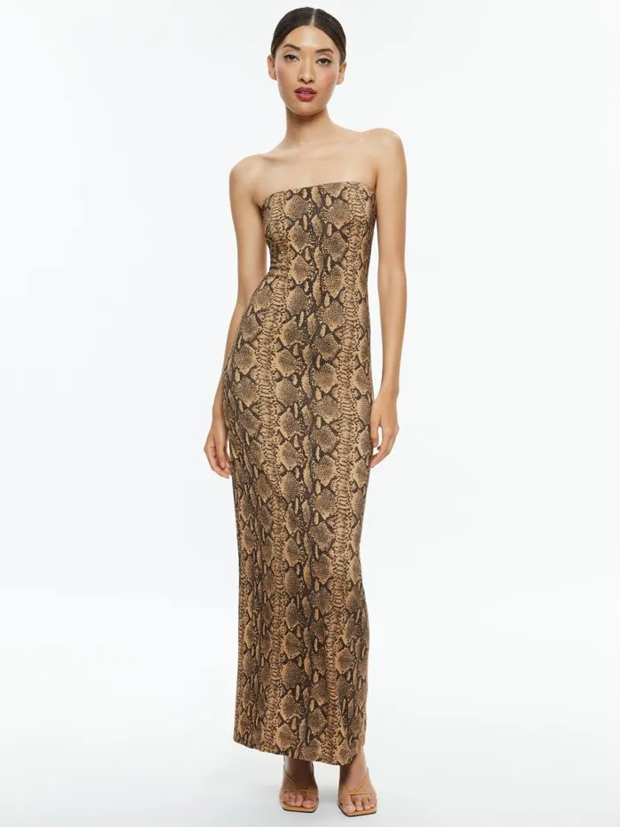 Alice Olivia DELORA STRAPLESS MAXI DRESS Camelblack Snake Women Dresses