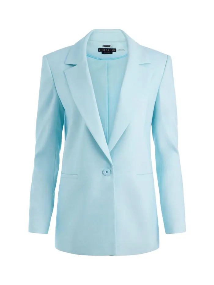 Alice Olivia DENNY NOTCH COLLAR LINEN BOYFRIEND BLAZER Spring Sky Women Jackets Coats