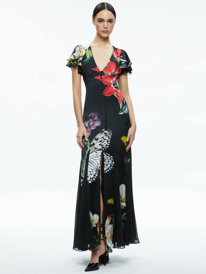 Alice Olivia FARA DEEP VNECK FLUTTER SLEEVE MAXI DRESS Essential Floral Women Dresses