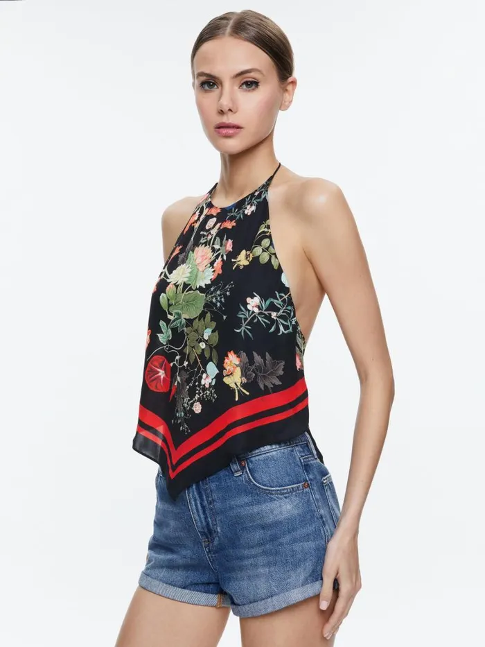 Alice Olivia FRENCHIE HANDKERCHIEF HALTER TOP Blush Kiss Black Women Tops