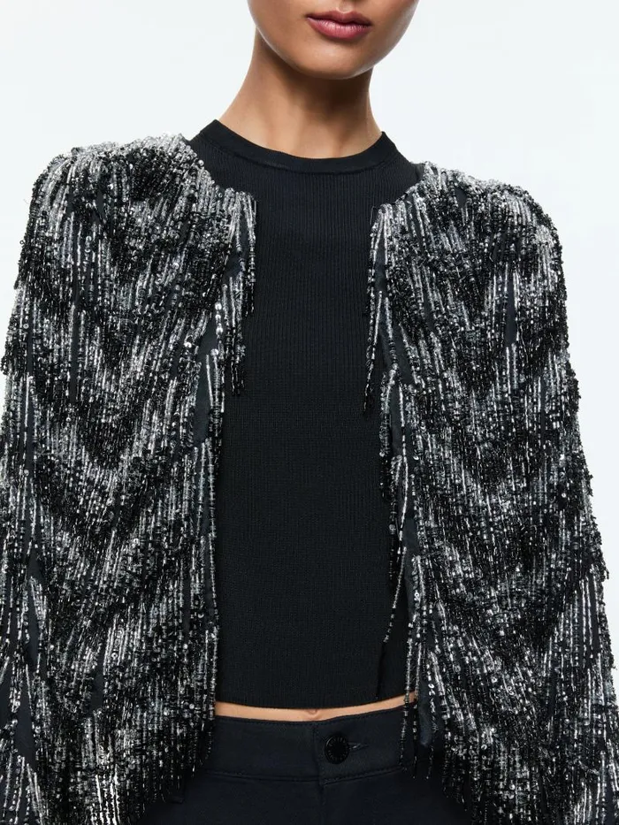 Alice Olivia KIDMAN EMBELLISHED FRINGE BOXY JACKET Blacksilver Women Jackets Coats
