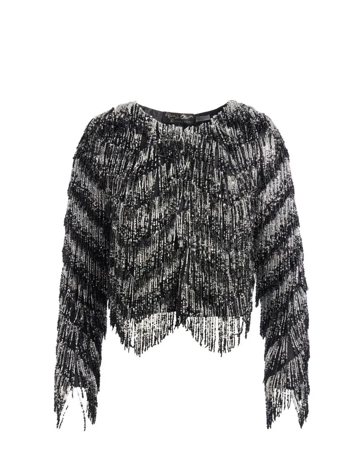 Alice Olivia KIDMAN EMBELLISHED FRINGE BOXY JACKET Blacksilver Women Jackets Coats