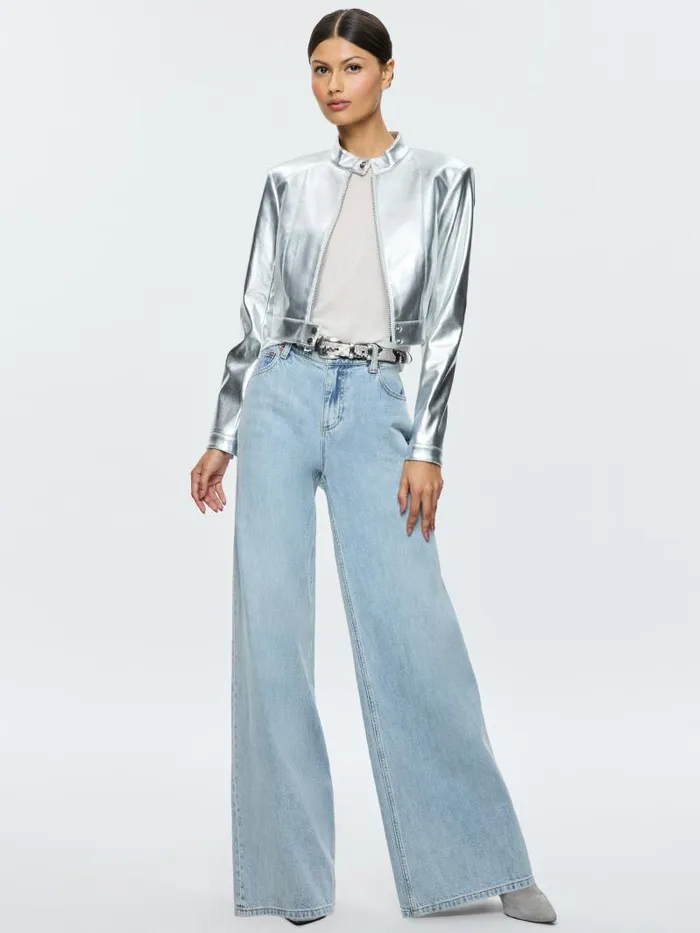 Alice Olivia LARI VEGAN LEATHER PITCHED BACK MOTO JACKET Silver Women Jackets Coats