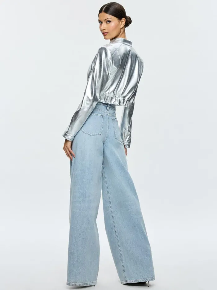 Alice Olivia LARI VEGAN LEATHER PITCHED BACK MOTO JACKET Silver Women Jackets Coats