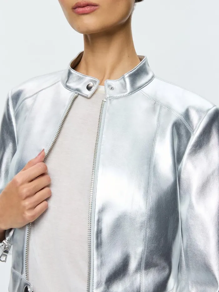 Alice Olivia LARI VEGAN LEATHER PITCHED BACK MOTO JACKET Silver Women Jackets Coats