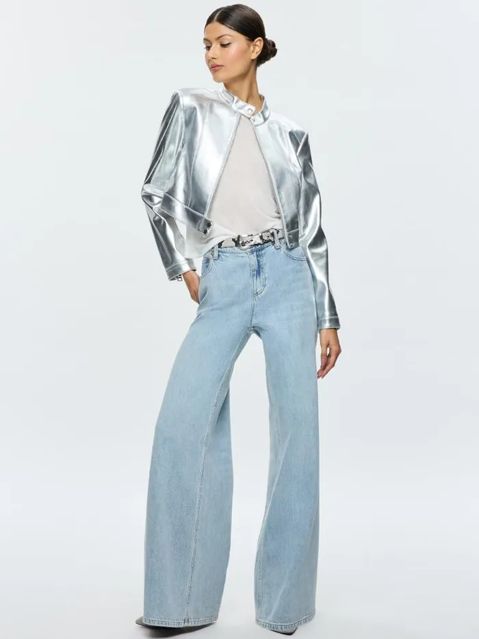 Alice Olivia LARI VEGAN LEATHER PITCHED BACK MOTO JACKET Silver Women Jackets Coats