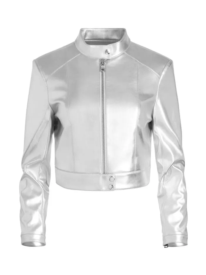 Alice Olivia LARI VEGAN LEATHER PITCHED BACK MOTO JACKET Silver Women Jackets Coats