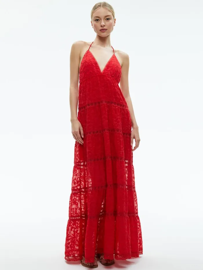 Alice Olivia MAE HALTER TIERED MAXI DRESS Bright Ruby Women Dresses