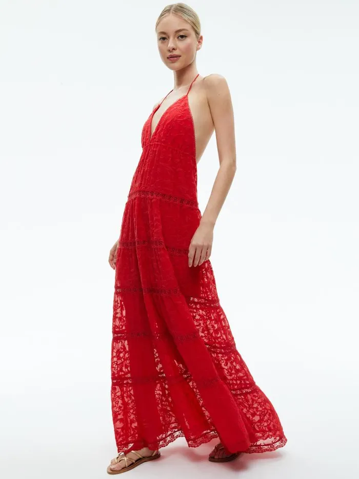 Alice Olivia MAE HALTER TIERED MAXI DRESS Bright Ruby Women Dresses