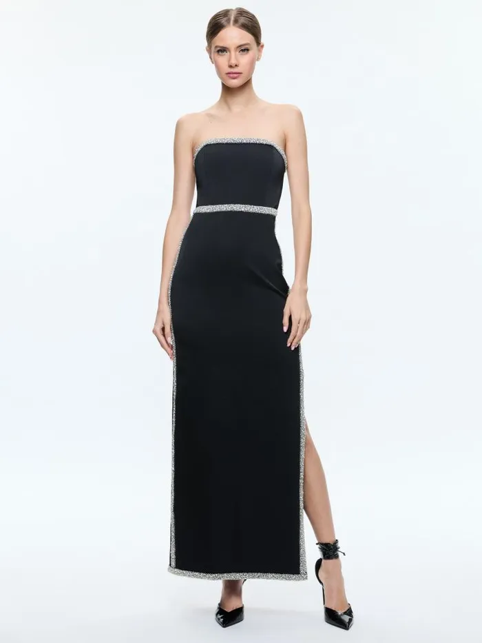 Alice Olivia MARILYNN STRAPLESS MAXI DRESS WITH CRYSTAL RACING STRIPE Black Women Dresses
