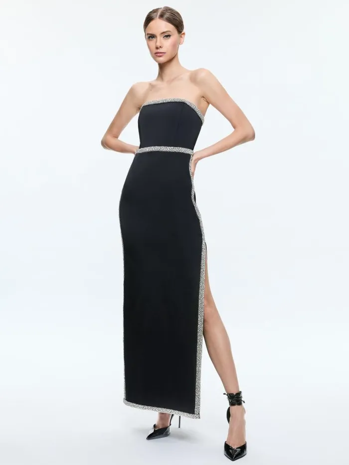 Alice Olivia MARILYNN STRAPLESS MAXI DRESS WITH CRYSTAL RACING STRIPE Black Women Dresses