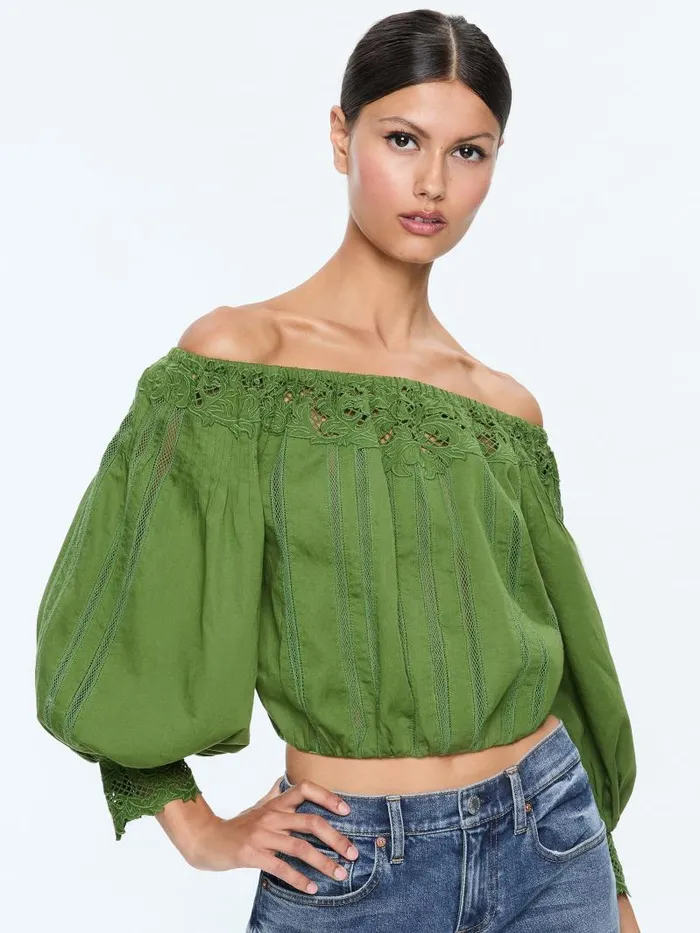 Alice Olivia NAN EMBROIDERED OFF THE SHOULDER BLOUSE Avocado Women Tops