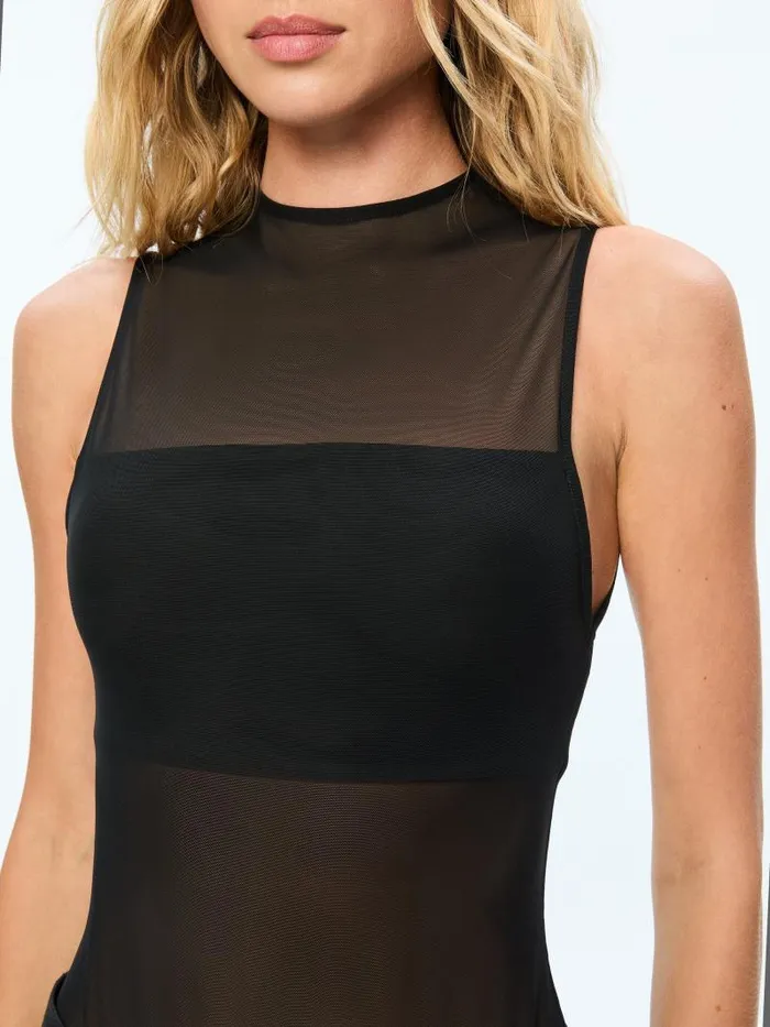 Alice Olivia NICHOL HIGH NECK SLEEVELESS MESH BODYSUIT Black Women Tops