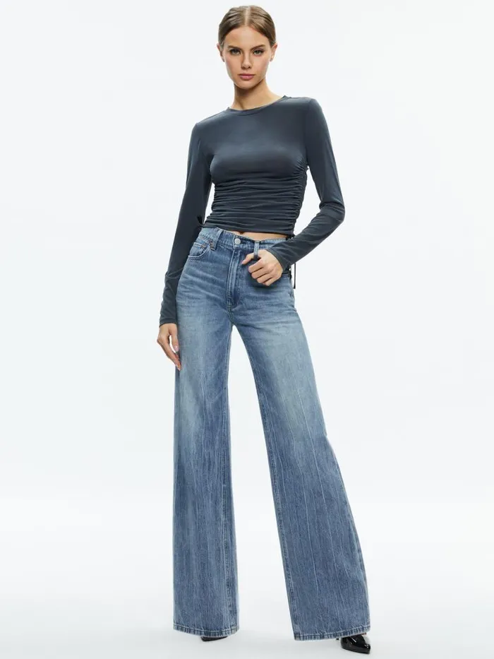 Alice Olivia PERCY CREWNECK RUCHED CROPPED TOP Black Women Tops