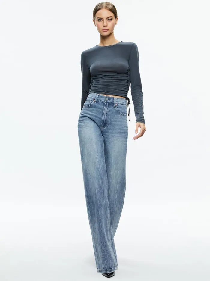 Alice Olivia PERCY CREWNECK RUCHED CROPPED TOP Black Women Tops