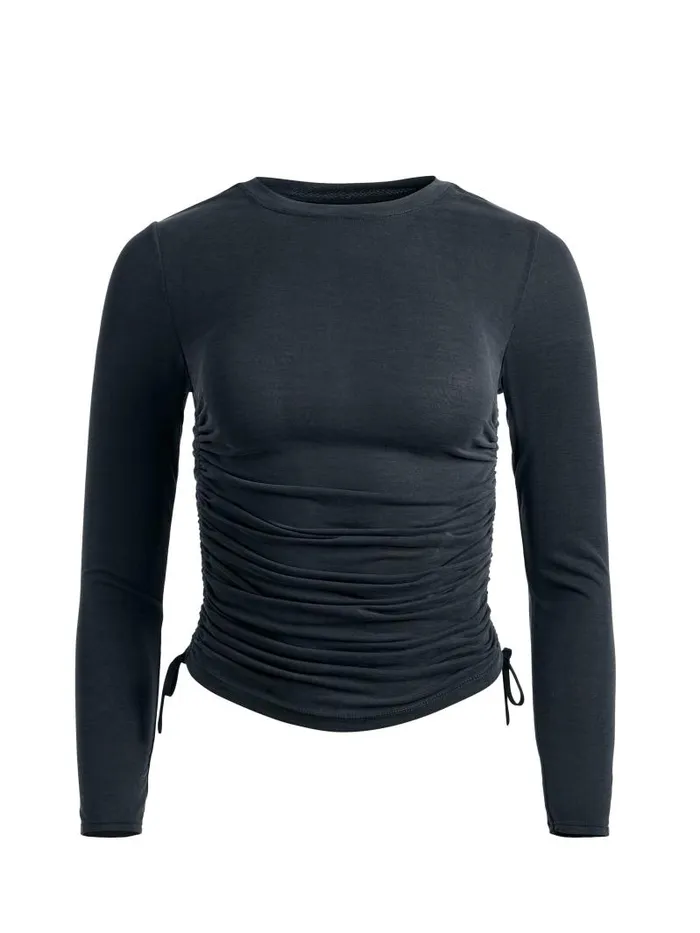 Alice Olivia PERCY CREWNECK RUCHED CROPPED TOP Black Women Tops