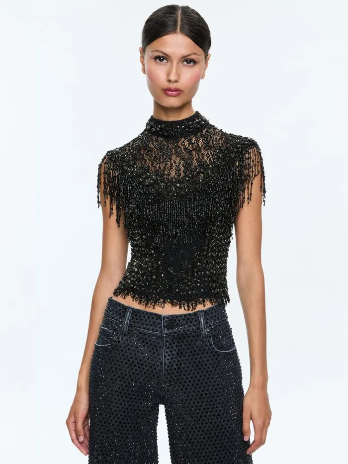Alice Olivia PRIA EMBELLISHED MOCK NECK FRINGE TOP Black Women Tops