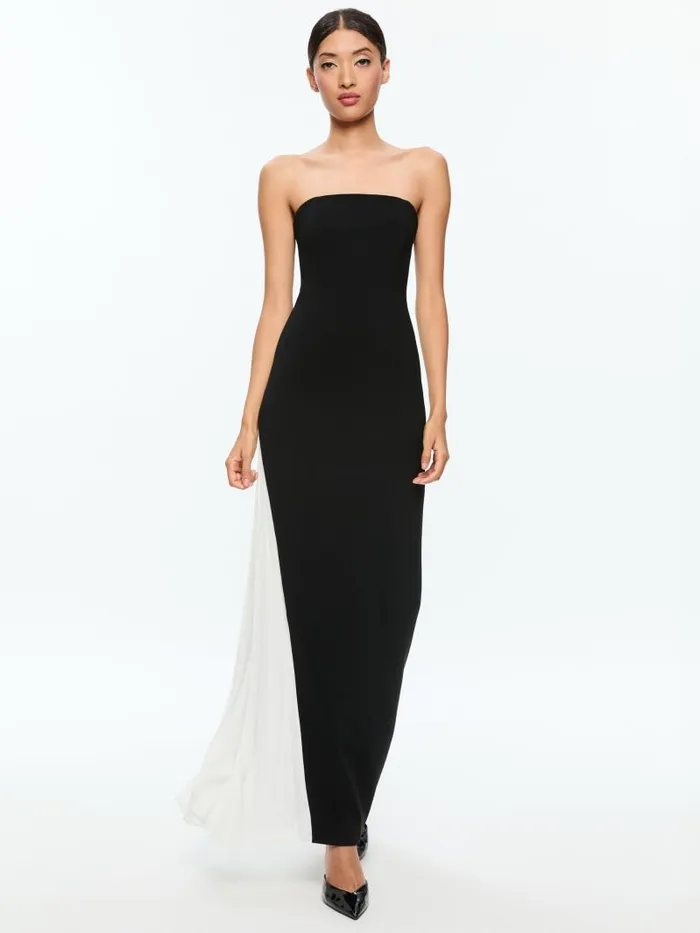 Alice Olivia RETHA STRAPLESS MAXI DRESS WITH PLEATED GODET Blackoff White Women Dresses