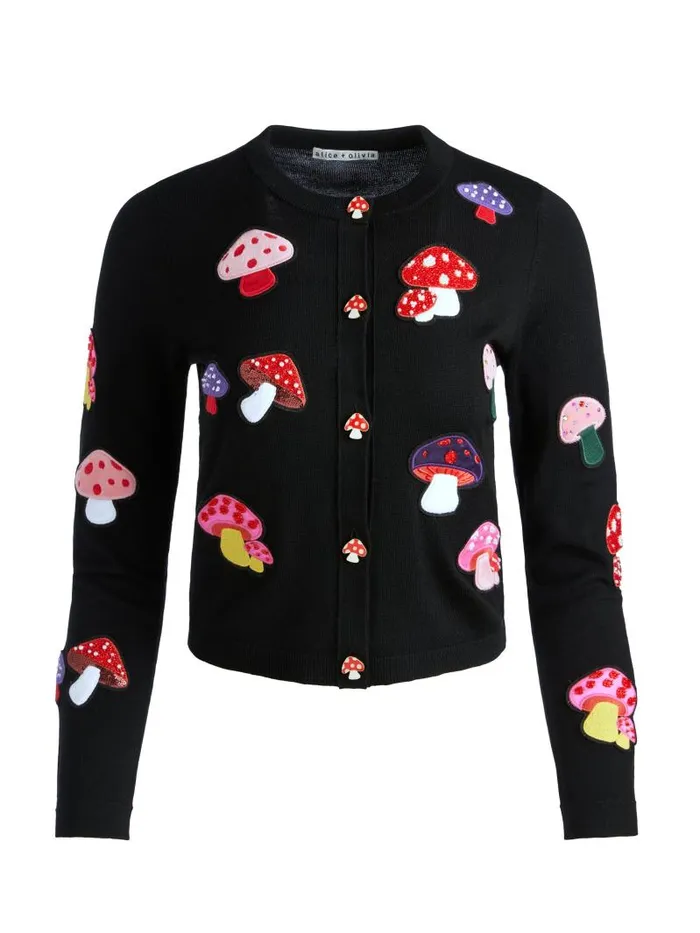 Alice Olivia RUTHY MUSHROOM CARDIGAN Black Multi Women Sweaters