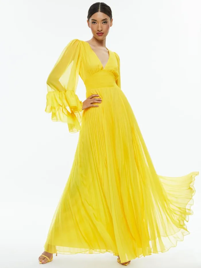 Alice Olivia SELENE DEEP V NECK PLEATED MAXI DRESS Happy Yellow Women Dresses