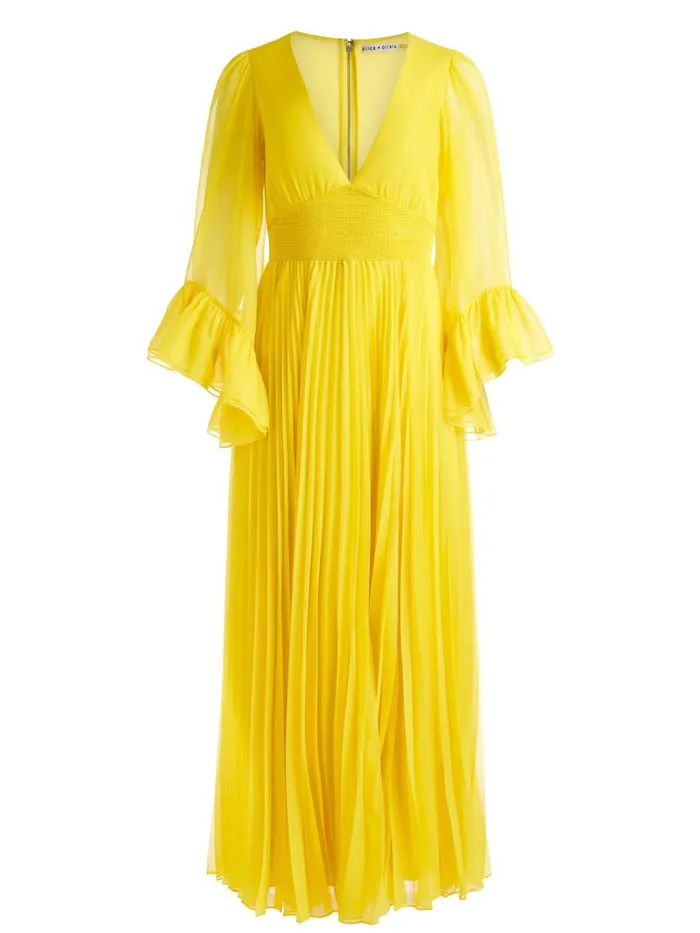 Alice Olivia SELENE DEEP V NECK PLEATED MAXI DRESS Happy Yellow Women Dresses