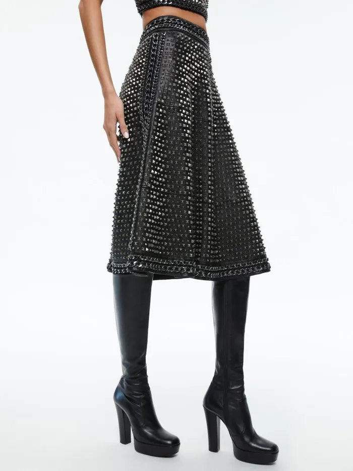 Alice Olivia SOSIE STUDDED LEATHER MIDI SKIRT Black Women Skirts
