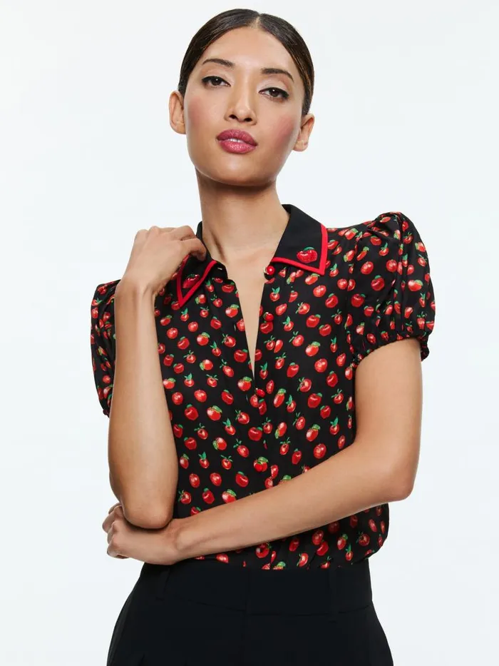 Alice Olivia WILLA EMBROIDERED PUFF SLEEVE BLOUSE Pink Lady Apple Women Tops
